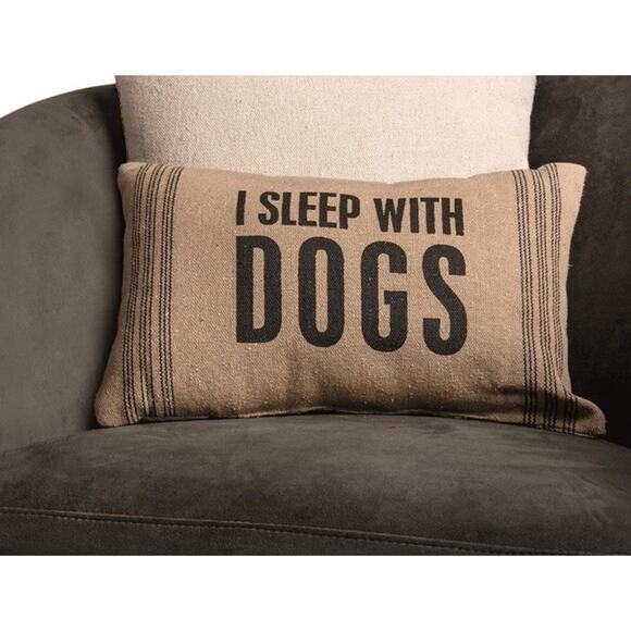 Throw Pillow “I Sleep With Dogs” 14”x 9” Soft Burlap Type Cotton Fabric - Picture 4 of 8